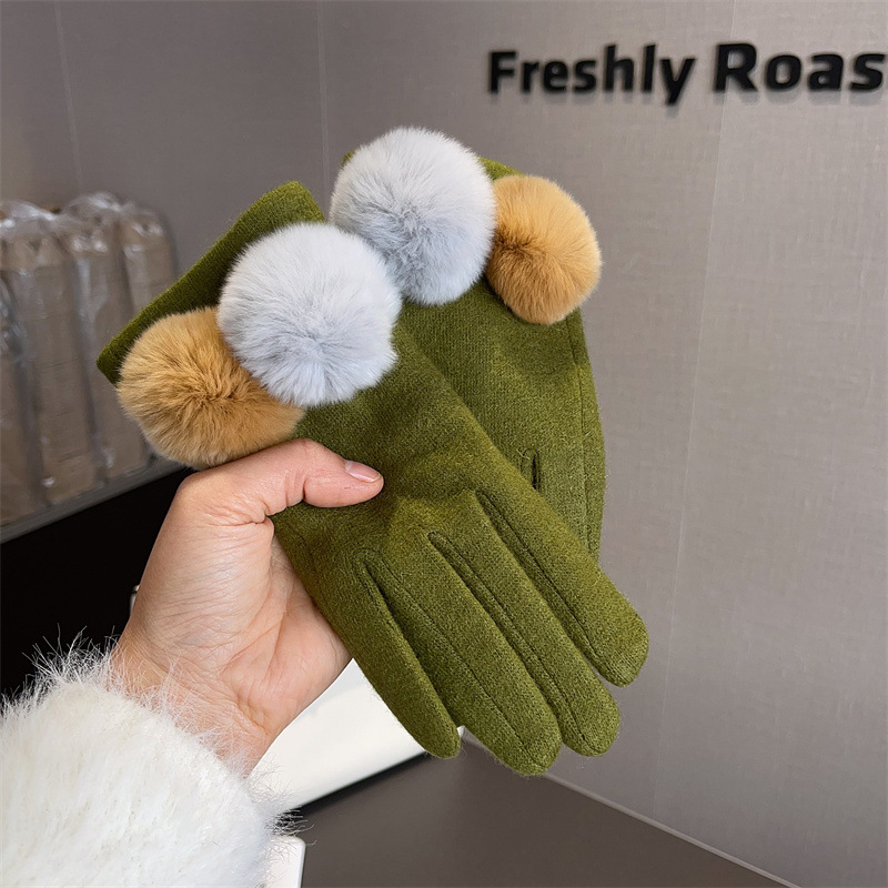 Wool Glove Lined - Handschoenen Dames Wol Plaid Vossenbont Pom