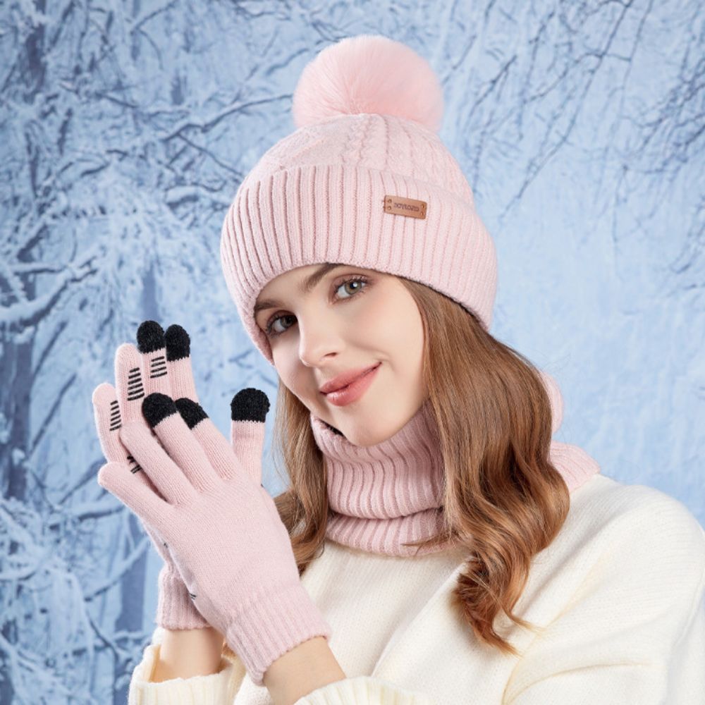 Wool Glove Lined - 3-delige set: eenvoudige effen wollen muts,