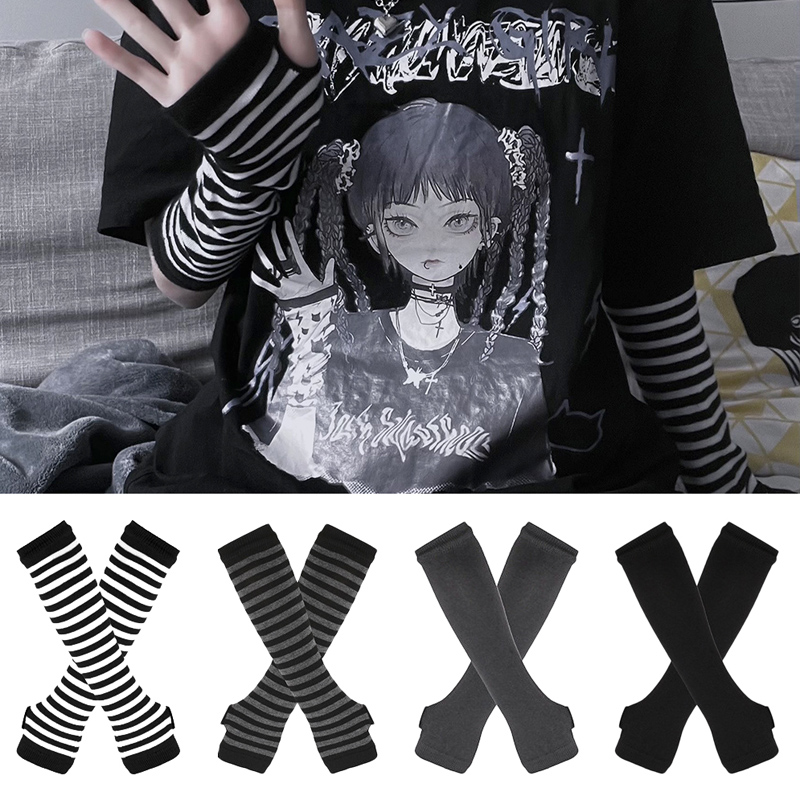 Fingerless Glove Knit - Vrouwen Lange Mouw Gothic Gestreepte Vingerloze